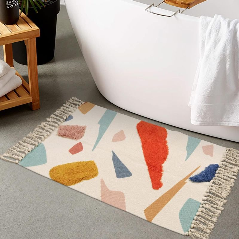 Photo 1 of LIVEBOX Cute Bathroom Rug 2' x3' Small Multi-Color Block Kids Area Rug with Tassel Hand Woven Cotton Tufted Indoor Rugs for Bedroom Kitchen Entryway Laundry Wall Hanging
