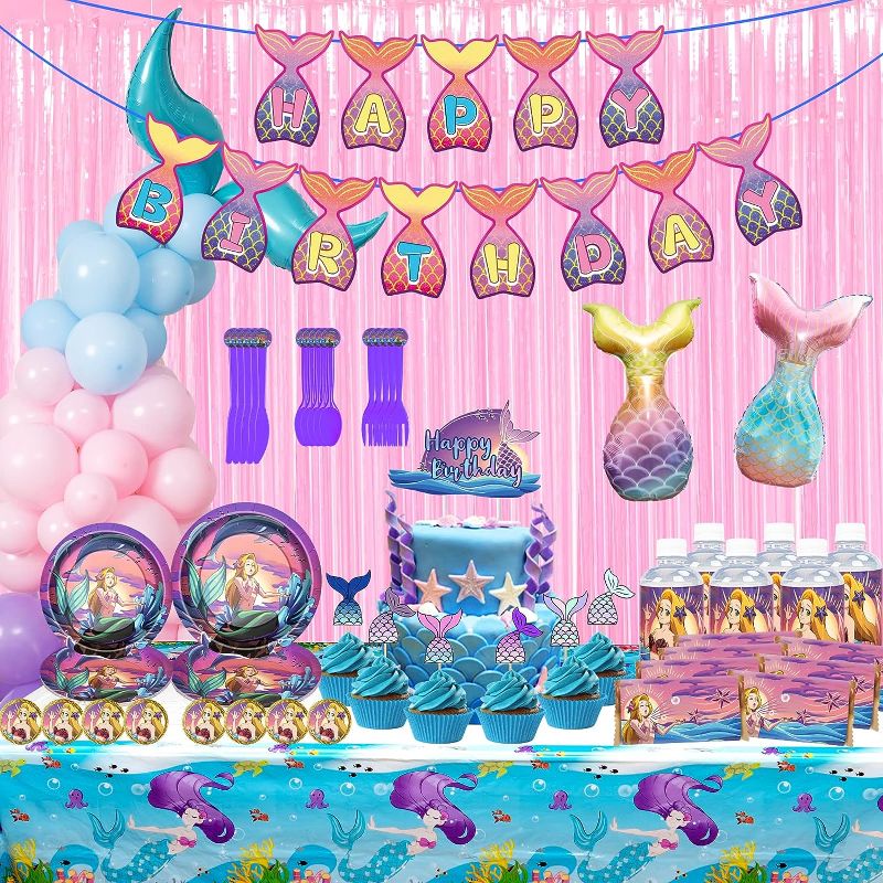 Photo 1 of 197PCS Mermaid Birthday Decorations,Mermaid Theme Party Supplies Set include Balloons Set,Happy Birthday Banner,Tablecloth,Plates,Utensils,Cake and CupcakeToppers,Chocolate Stickers,Bottle Labels,Pink Foil Curtain
