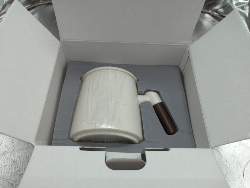 Photo 2 of Ceramic Tea Infuser Cup, Wooden Handle, 15oz, White