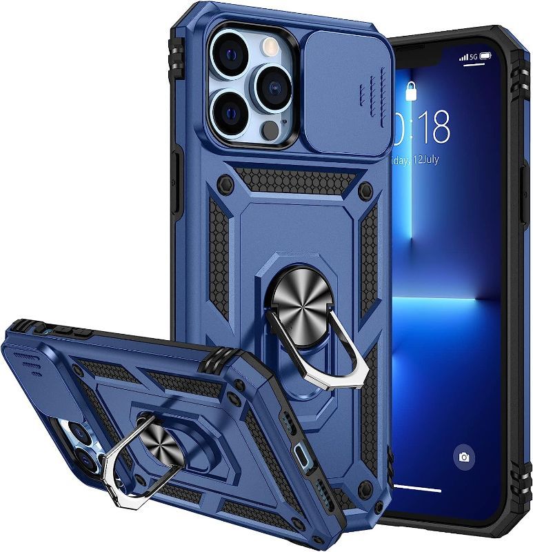 Photo 1 of Goton Armor Case for iPhone 13 Pro Max Case Stand with Slide Camera Cover & Kickstand Military Grade Shockproof Heavy Duty Protective with Magnetic Car Mount Holder for iPhone 13 Pro Max 6.7 Blue
