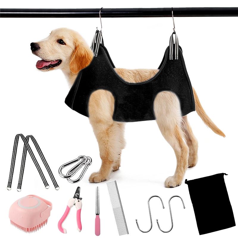Photo 1 of Roncute Pet Dog Grooming Hammock Harness with Nail Clippers, Nail File, Pet Comb, Breathable Cats & Dogs Restraint Bag, Dog Grooming Helper for Nail Trimming Clipping Bathing Washing, Ear/Eye Care
