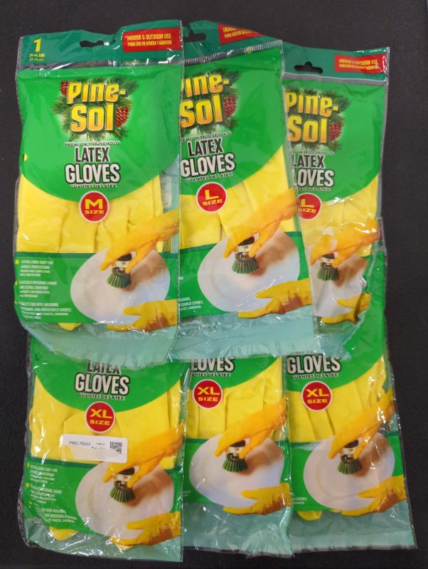 Photo 2 of Bundle of 6 - Variety of Sizes - Pine-Sol Premium Latex Gloves | Protection from Bacteria, Germs, Chemicals, Odors | Indoor/Outdoor Use for Safe Cleaning, Washing, Gardening | 1 Pair Medium, 2 Pair Large, 3 Pair XL - Yellow
