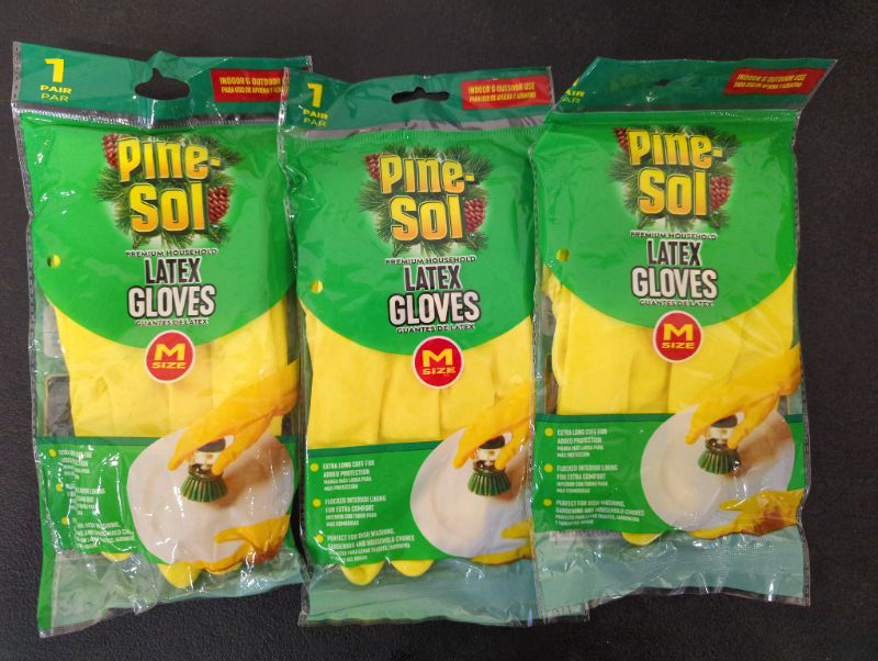 Photo 2 of Pine-Sol Premium Latex Gloves | Protection from Bacteria, Germs, Chemicals, Odors | Indoor/Outdoor Use for Safe Cleaning, Washing, Gardening | Medium, Yellow - 3 Pairs