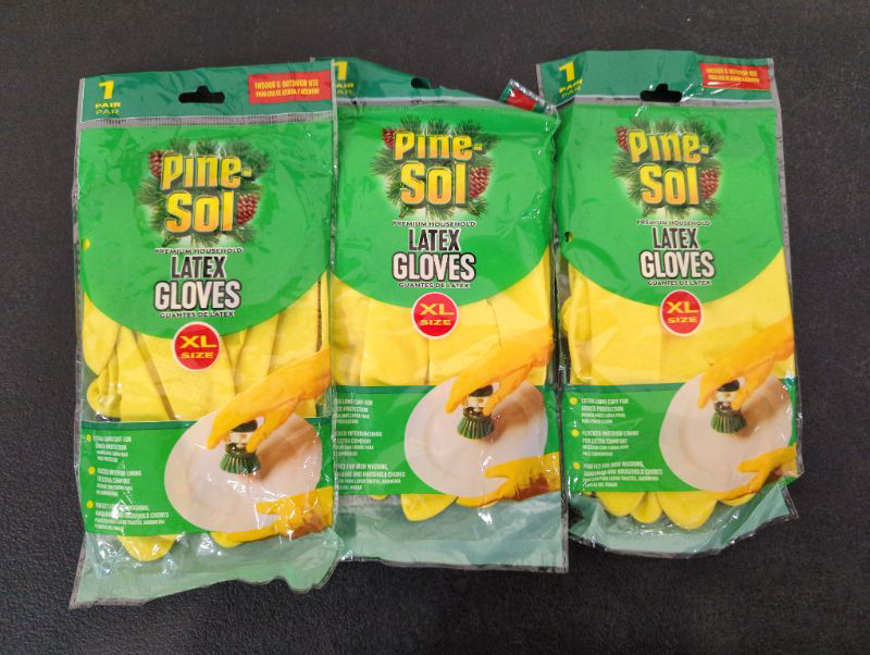 Photo 1 of Pine-Sol Premium Latex Gloves | Protection from Bacteria, Germs, Chemicals, Odors | Indoor/Outdoor Use for Safe Cleaning, Washing, Gardening | 1 Pair/per Pack, Extra Large, Yellow - 3 Pack