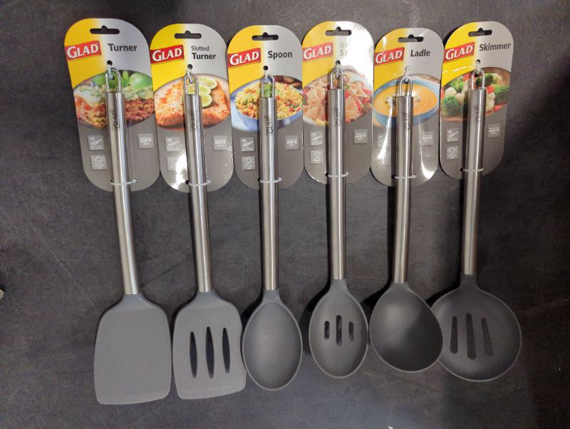 Photo 1 of GLAD - Nylon Head with Stainless Steel Handle - Cooking Utensil Bundle - Grey - 6pcs, see photo