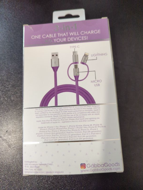 Photo 3 of 3-in-1 Tri-Tip USB To Apple Certified MFI Lightning/ Type C/ Micro USB Cable- 6ft - Purple