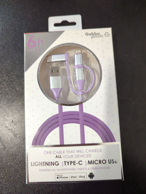 Photo 2 of 3-in-1 Tri-Tip USB To Apple Certified MFI Lightning/ Type C/ Micro USB Cable- 6ft - Purple