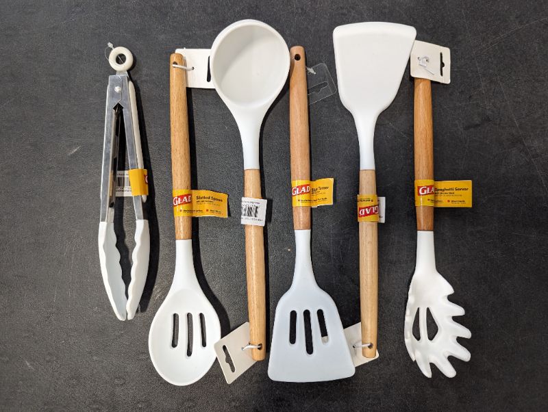 Photo 1 of GLAD - Silicone Cooking Utensils | Wooden Handle, Non-Stick Cookware Heat Resistant Kitchen Utensil - White - 6pcs