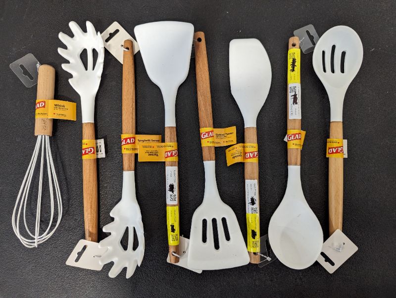 Photo 1 of GLAD - Silicone Cooking Utensils | Wooden Handle, Non-Stick Cookware Heat Resistant Kitchen Utensil - White - 8pcs