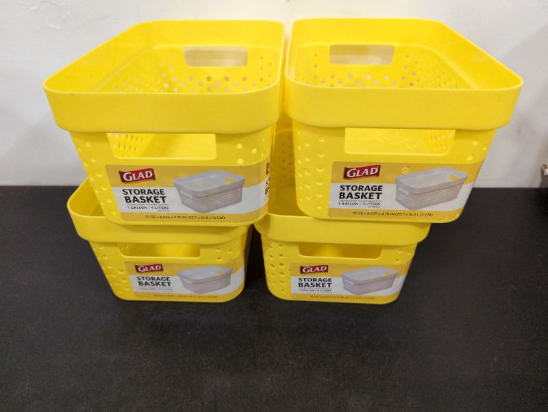 Photo 2 of GLAD - Plastic Baskets for Organizing, Set of 4 | Pantry Storage for Under Counter, Linen Closet, and Bathroom | Nesting Shelf Bins with Handles, 1 Gallon, Yellow
