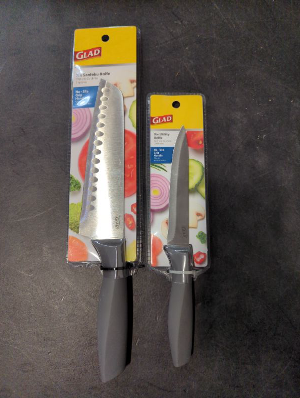 Photo 2 of GLAD - 2pc Knife Set - 7in Santoku Knife + 5in Utility Knife - No-Slip Grip Handles (Grey)