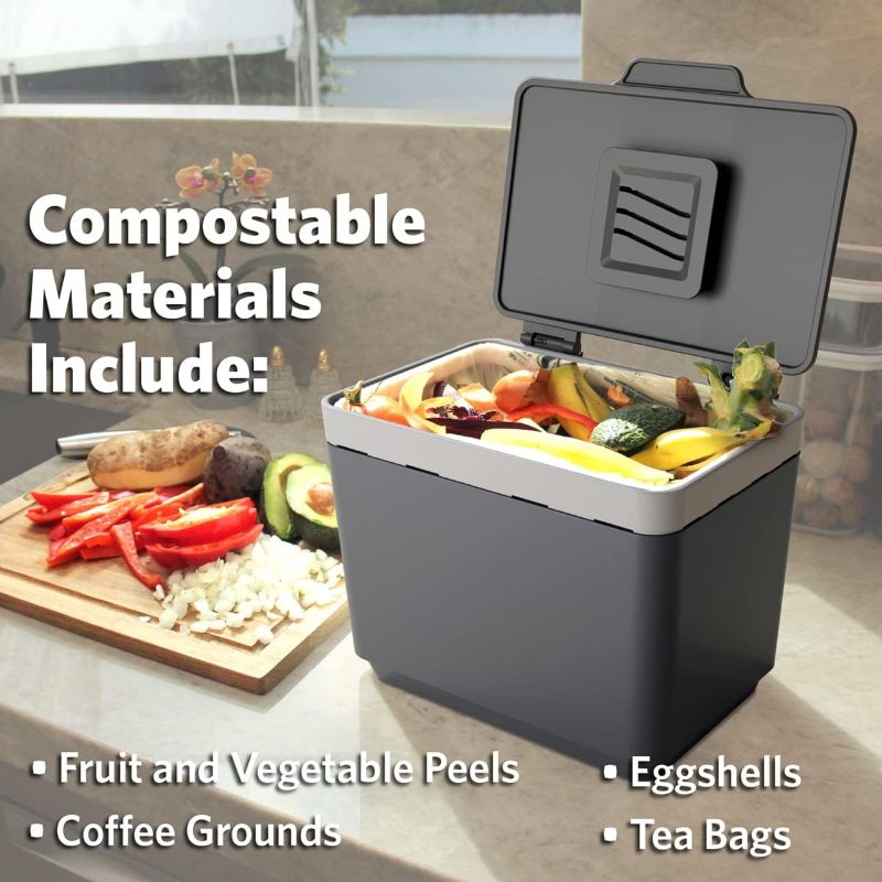 Photo 4 of Glad Compost Bin for Kitchen, 1.5 Gallon | Plastic Container with Removable Inner Basket, Bag Storage Holder, and Carbon Odor Blocking Filters, Gray