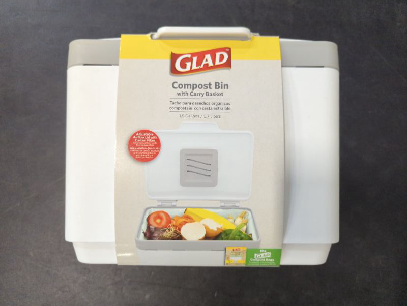 Photo 5 of GLAD Compost Bin for Kitchen, 1.5 Gallon | Plastic Container with Removable Inner Basket, Bag Storage Holder, and Carbon Odor Blocking Filters, White