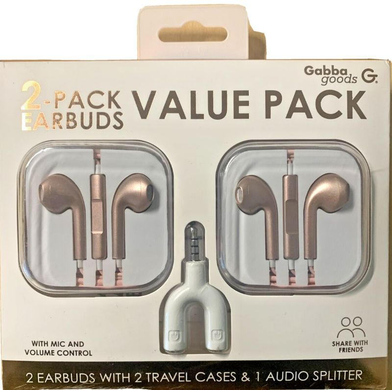 Photo 1 of Gabba Goods - 2-Pack Earbuds Value Pack - 2 Earbuds with 2 Travel Cases & 1 Audio Splitter