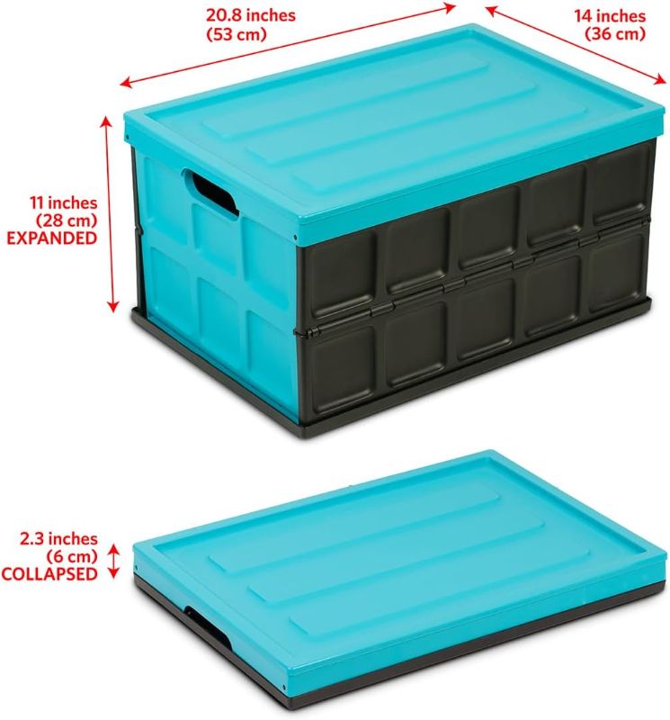 Photo 3 of Glad Collapsible Storage Bin with Lid - 48L Foldable Plastic Box for Garage, Car Trunk, and Organization - Stackable Lidded Container with Handles, Turquoise