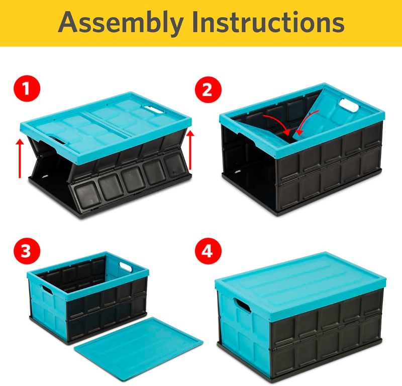 Photo 2 of Glad Collapsible Storage Bin with Lid - 48L Foldable Plastic Box for Garage, Car Trunk, and Organization - Stackable Lidded Container with Handles, Turquoise