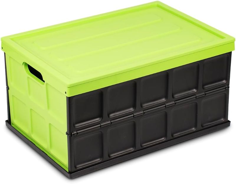 Photo 1 of Glad Collapsible Storage Bin with Lid - 48L Foldable Plastic Box for Garage, Car Trunk, and Organization - Stackable Lidded Container with Handles, Green
