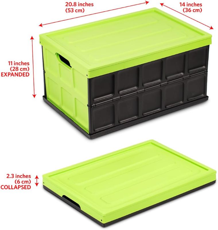 Photo 2 of Glad Collapsible Storage Bin with Lid - 48L Foldable Plastic Box for Garage, Car Trunk, and Organization - Stackable Lidded Container with Handles, Green
