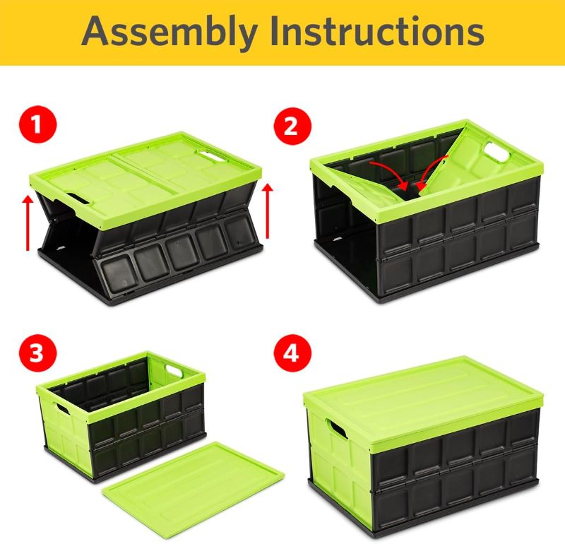 Photo 3 of Glad Collapsible Storage Bin with Lid - 48L Foldable Plastic Box for Garage, Car Trunk, and Organization - Stackable Lidded Container with Handles, Green
