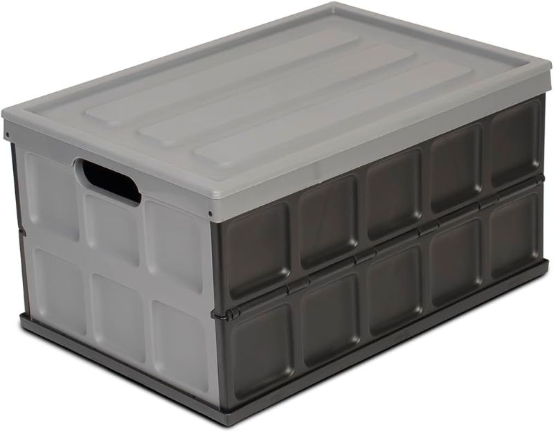 Photo 1 of Glad Collapsible Storage Bin with Lid - 48L Foldable Plastic Box for Garage, Car Trunk, and Organization - Stackable Lidded Container with Handles, Grey
