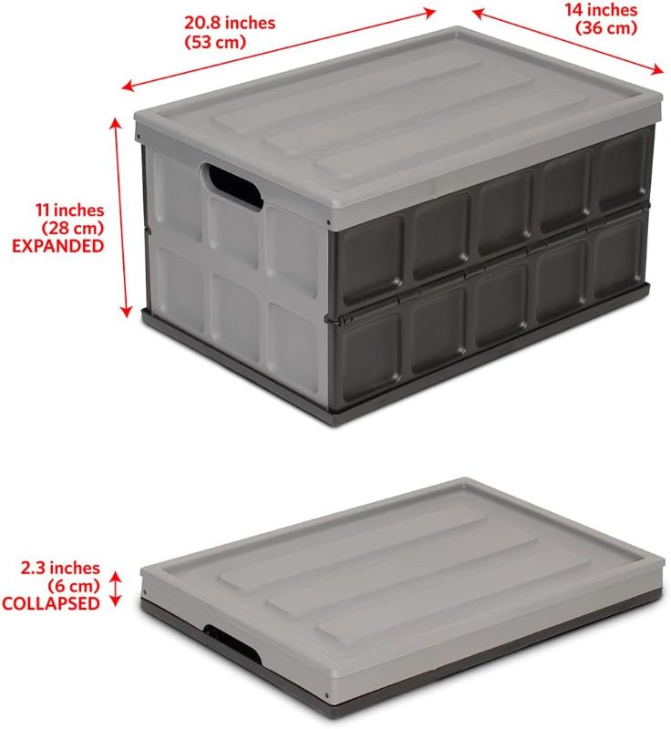Photo 2 of Glad Collapsible Storage Bin with Lid - 48L Foldable Plastic Box for Garage, Car Trunk, and Organization - Stackable Lidded Container with Handles, Grey
