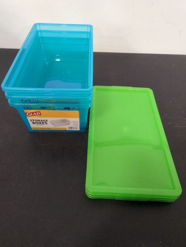 Photo 1 of 3 Pack - Glad Storage Box 6L w/Lid - Clear Blue Containers w/Clear Green Lids
