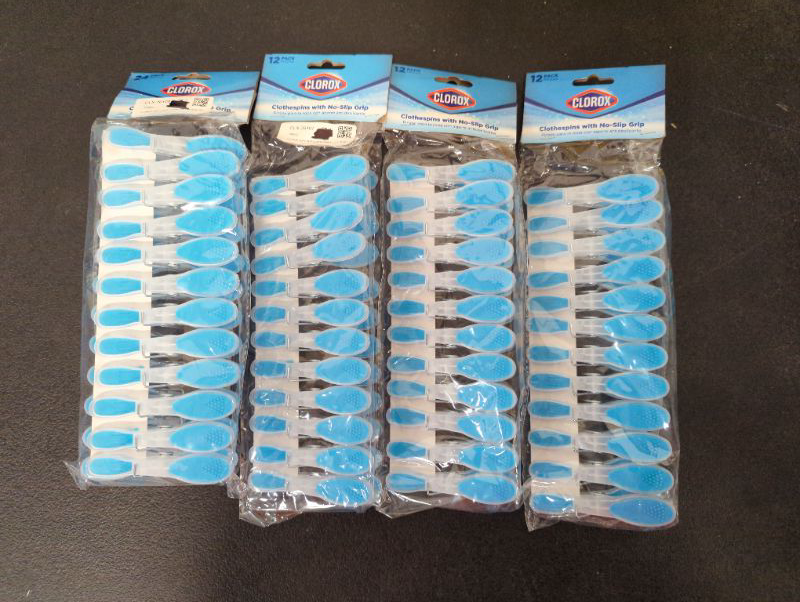 Photo 3 of Bundle of 60 Total Clorox Plastic Non-Slip Clothespins – 1 Pack of 24 + 3 Packs of 12 | Soft Touch Rubber Grip Ends | Wide Open Sturdy Clips for Line Drying Laundry and Securing Snack Bags
