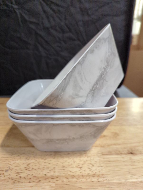 Photo 3 of **REFER TO PHOTOS** GLAD - 6" Melamine Square Bowl - Set of 4 - White & Grey Marble Design - stock photo to show style/size of bowl