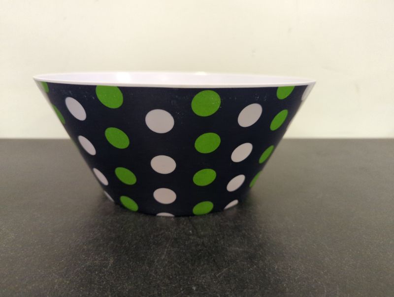 Photo 1 of 10-Inch Melamine Serve Mixing Bowl for Everyday Meals - Ideal for Cereal, Snacks, Popcorn, Salad, and Fruits - Navy w/ Green & White Polka Dots