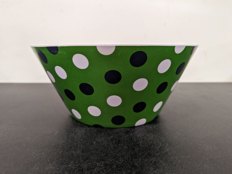 Photo 1 of 10-Inch Melamine Serve Mixing Bowl for Everyday Meals - Ideal for Cereal, Snacks, Popcorn, Salad, and Fruits - Green w/Navy & White Polka Dots