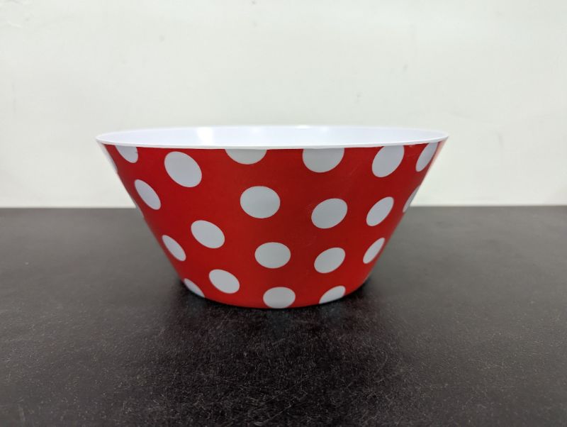 Photo 1 of 10-Inch Melamine Serve Mixing Bowl for Everyday Meals - Ideal for Cereal, Snacks, Popcorn, Salad, and Fruits - Red w/Polka Dots