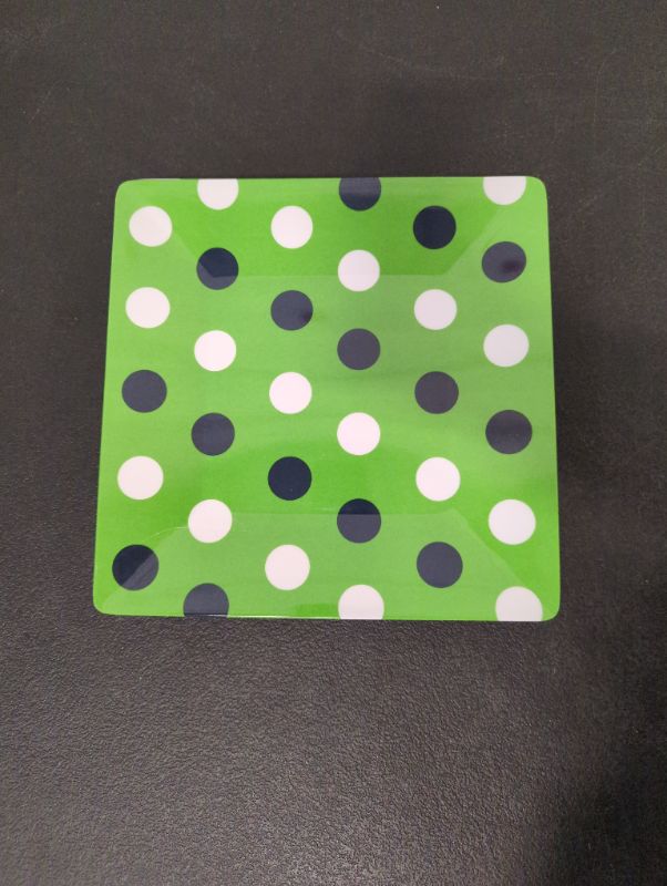 Photo 1 of Set of 6 - 9.8" Square Melamine Plates - Green w/Navy & White Polka Dots