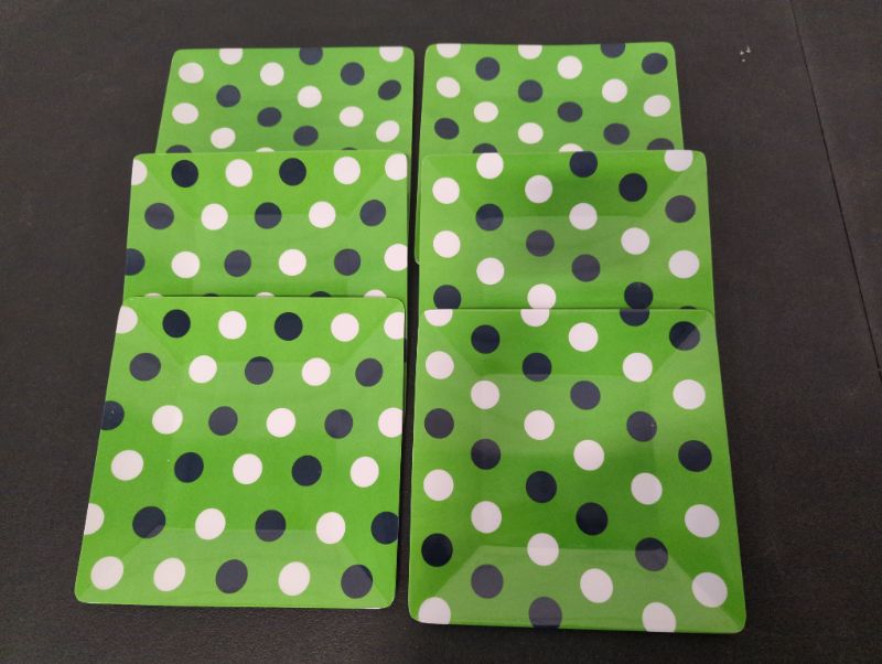 Photo 2 of Set of 6 - 9.8" Square Melamine Plates - Green w/Navy & White Polka Dots