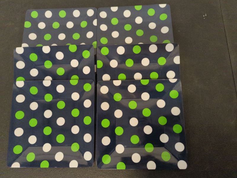 Photo 2 of Set of 6 - 9.8" Square Melamine Plates - Navy w/Green & White Polka Dots