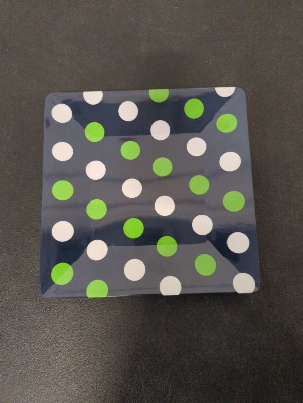 Photo 1 of Set of 6 - 9.8" Square Melamine Plates - Navy w/Green & White Polka Dots