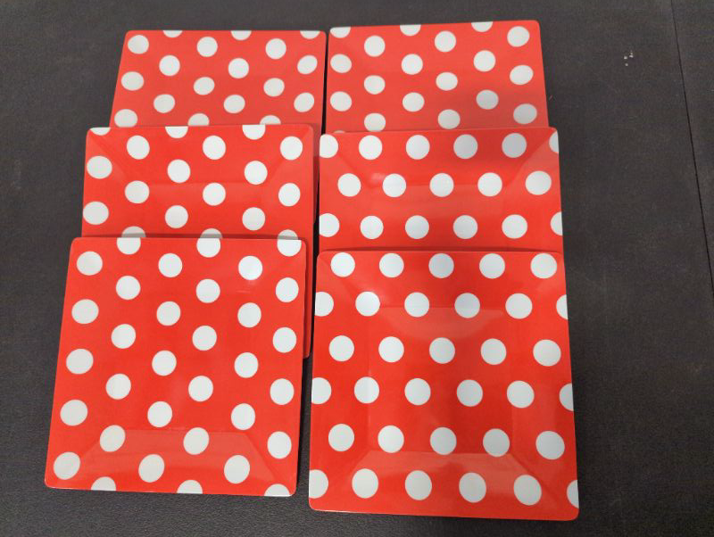 Photo 2 of Set of 6 - 9.8" Square Melamine Plates - Red w/White Polka Dots