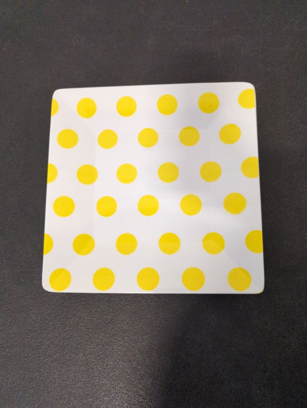 Photo 1 of Set of 6 - 9.8" Square Melamine Plates - White w/Yellow Polka Dots