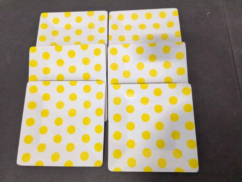 Photo 2 of Set of 6 - 9.8" Square Melamine Plates - White w/Yellow Polka Dots