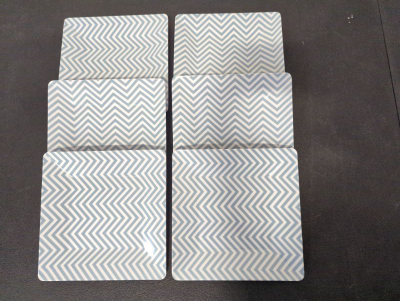 Photo 2 of Set of 6 - 8" Square Melamine Plates - Chevron Pattern - Pale Blue/Grey