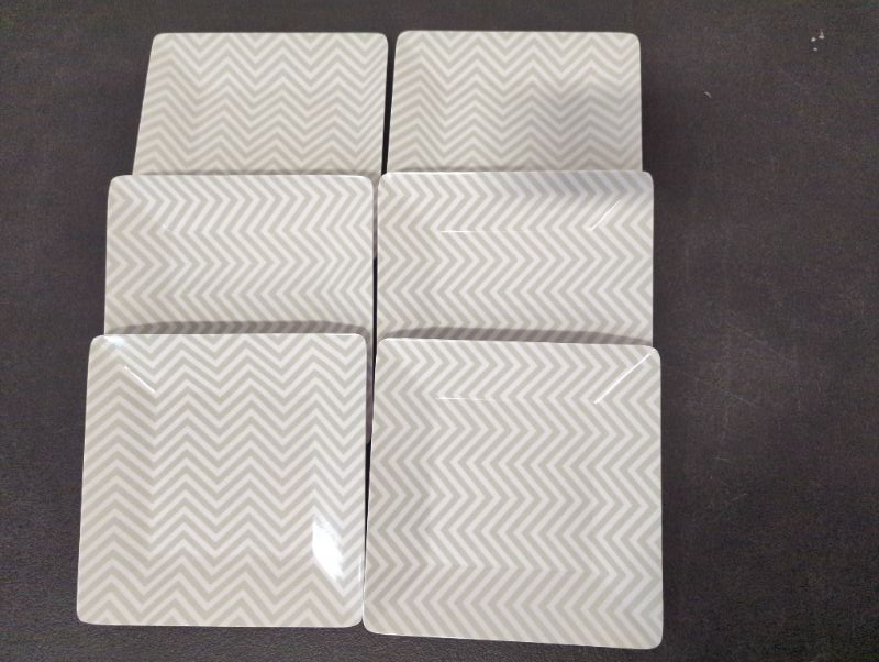 Photo 2 of Set of 6 - 8" Square Melamine Plates - Chevron Pattern - Pale Green/Grey