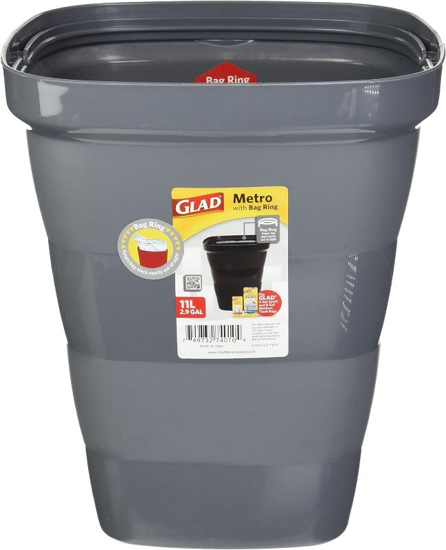 Photo 1 of Glad Metro Plastic Waste Bin – 11L, Rectangle with Bag Ring, Gray

