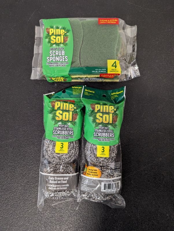 Photo 3 of Sponge Bundle - 2 Packs - Pine-Sol Heavy-Duty Stainless Steel Scrubbers | Won’t Rust or Splinter | Scrub Sponges for Cast Iron, Oven Racks, Grills, 3 per/pack Stainless Steel + Pine-Sol Heavy Duty Scrub Sponges for Cleaning | Dual-Sided Dishwashing and Sc