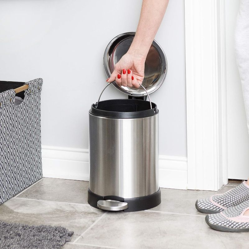 Photo 2 of Glad Small Trash Can, 1.2 Gallon | Round Stainless Steel Garbage Bin with Soft Close Lid & Step Foot Pedal | Metal Waste Basket with Removable Inner Bucket, Stainless
