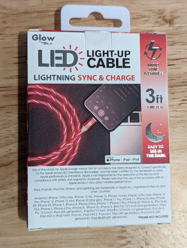 Photo 3 of LED Light Up Apple Certified MFI Lightning Sync & Charge Cable - Red - 3ft
