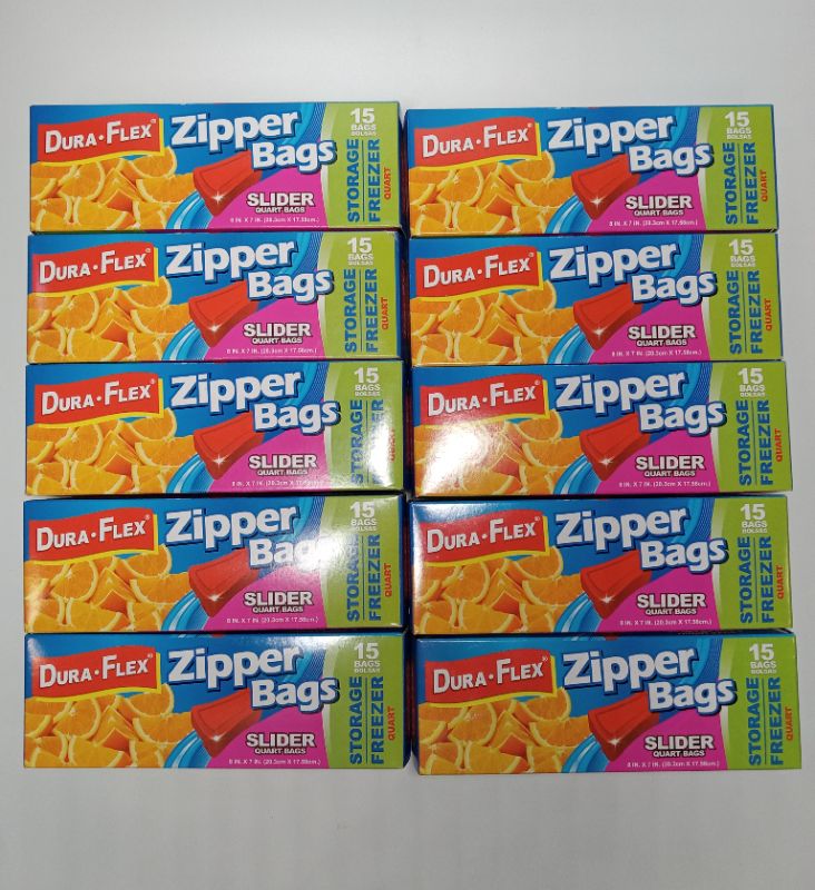 Photo 1 of (10 boxes) Dura-Flex Zipper Slider Freezer/Storage 15ct Quart Bags