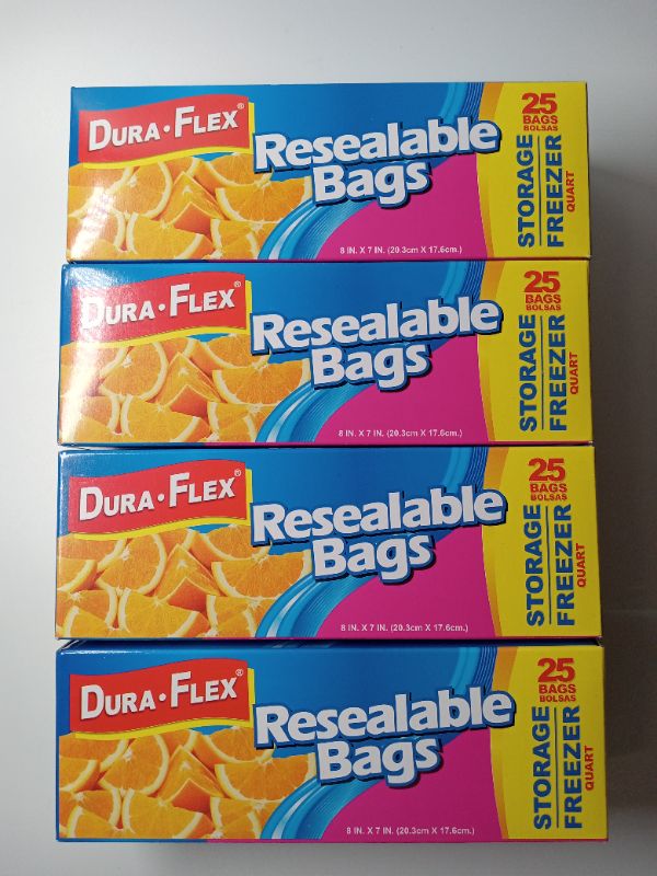 Photo 1 of (4 boxes) Dura-Flex Resealable Freezer/Storage Quart Bags 25ct