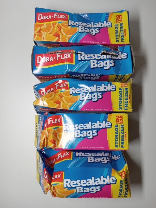 Photo 1 of (5 boxes) Dura-Flex Resealable Freezer/Storage Quart Bags 25ct