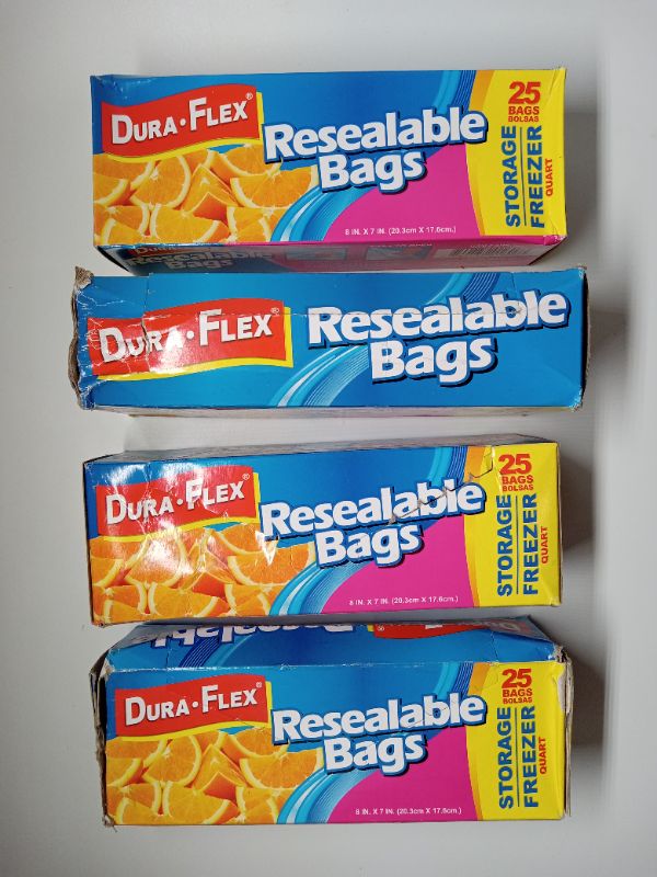 Photo 1 of (4 boxes) Dura-Flex Resealable Freezer/Storage Quart Bags 25ct