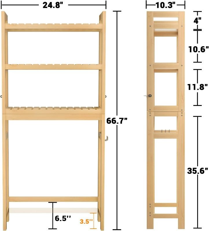 Photo 2 of Homykic Over The Toilet Storage, 3-Tier Bamboo Bathroom Shelf with 3 Hooks, Above Toilet Organizer Rack Freestanding for Small Space, Restroom, Laundry, Easy Assembly, White