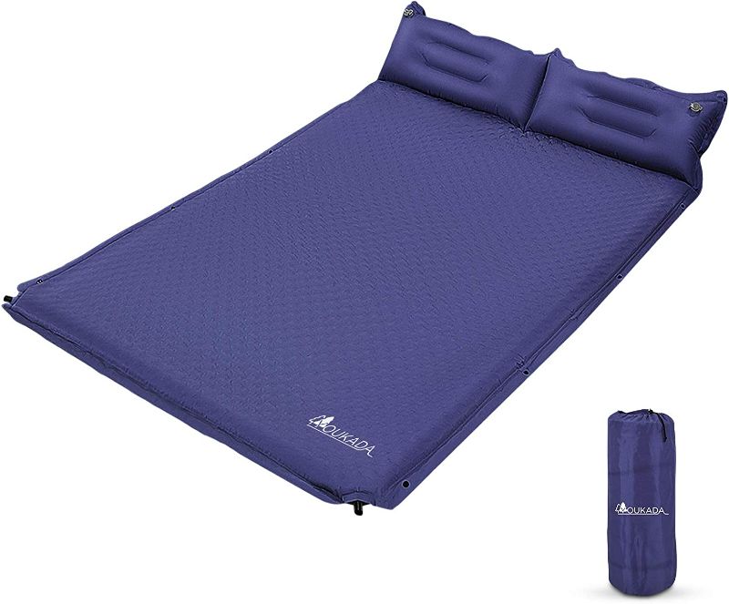 Photo 2 of YOUKADA Sleeping-Pad Foam Self-Inflating Camping-Mat for Backpacking Sleeping Pad 2 Single Sleeping Mats Camping Pad 1 Person Camping Mattress with Pillow for Hiking Camping Gear Navy (2 count) 